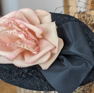 Vintage Black Hat with a Peach Rose and small veil